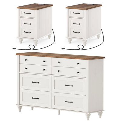 WAMPAT 3 Piece Bedroom Set - Includes Farmhouse 8 Drawer Dresser, Set Of 2 Side Tables With Charging Station & Storage Cabinet, 3 Piece Dresser And Ni by August Grove