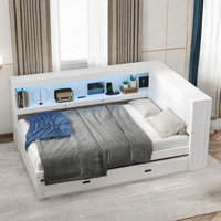 Wooden Daybed With Storage Shelves, Charging Station, Led And Trundle