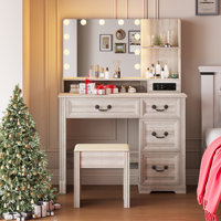 Vanity Desk With Mirror, Light Bulbs, Drawers, Shelves, And Stool – Makeup Table For Bedroom by Winston Porter