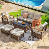 6 Pieces Patio Furniture Sets,Outdoor Rattan Furniture Conversation Sets With 2 Wood Armrests Swivel Rocker Chairs, 2 Ottoman, 3-Seat Sofa And Coffee by Lark Manor