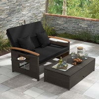 Patio Rattan Daybed Set With Cushioned Loveseat & Storage Ottoman For Porch