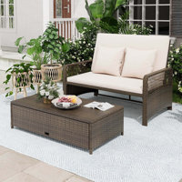 Patio Rattan Daybed Wicker Loveseat Sofa With Multifunctional Ottoman by Ebern Designs