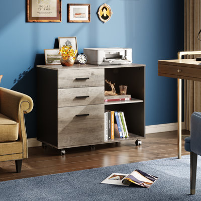 3-Drawer Wood File Cabinet, Mobile Lateral Filing Cabinet, Printer Stand With Open Storage Shelves For Home Office by 17 Stories
