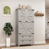 Farmhouse Kitchen Storage Cabinet with Drawers, Adjustable Shelves & Barn Doors