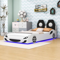 Twin Wood Race Car-Shaped Platform Bed with LED and Upholstered Backrest by Zoomie Kids