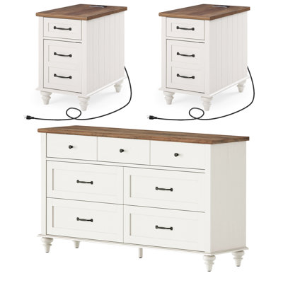 Scarlett 3 Piece Bedroom Set - Includes Mid Century 7 Drawer Dresser, Set Of 2 Side Tables With Charging Station & Storage Cabinet, 3 Piece Dresser An by Sand & Stable