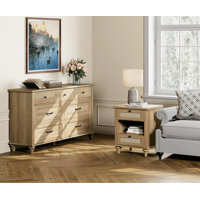Etty 2 Piece Bedroom Set - Includes Farmhouse 7 Drawer Dresser, Rattan Night Stand With Charging Station & Shelf, 2 Piece Dresser And Nightstand Sets, by Charlton Home