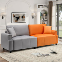 Mercer41 86" Wide Modular Sofa, 3-Seater Upholstered Sofa Couch With Pillows, Velvet Sofa For Living Room, Office, Apartment, Gray+ Orange by Mercer41