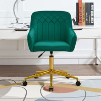 Adjustable PU Leather or Velvet Fabric Office Chair with Wheels, Ergonomic Swivel Vanity Chair with Gold Metal Base by Mercer41
