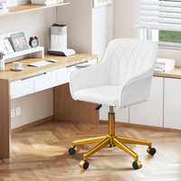Adjustable PU Leather or Velvet Fabric Office Chair with Wheels, Ergonomic Swivel Vanity Chair with Gold Metal Base by Mercer41