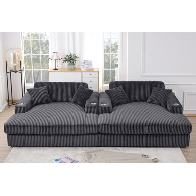 Corduroy Double-size Upholstered Chaise Lounge Sofa with Cup Holders by Everly Quinn