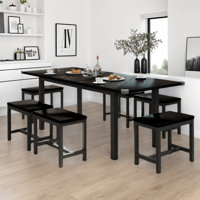 Dining Table Set, 7-piece Extendable Table From 63" Large Extendable Kitchen Table Set For 4-8 People, Mid-century Dining Room Table With 6 Square Sto by Ebern Designs