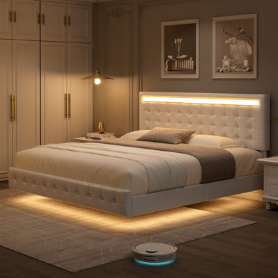 3-Piece Bedroom Sets, Floating Bed Frame With Lighted Headboard & 2 6-Drawer Double Dresser by Wrought Studio