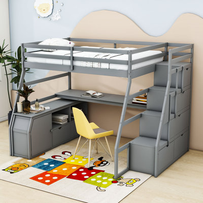 Full Seven Drawers Loft Bed Built-In Desk And Shelves by Harriet Bee