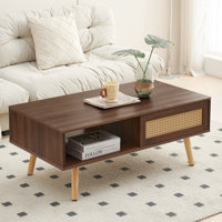 Rattan Coffee Table with Storage Drawer and Solid Legs, Walnut by Bay Isle Home