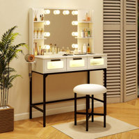Makeup Vanity Desk With Hollywood Mirror & Lights 3-color Induction Lighting by Latitude Run
