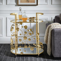 Larkynn Gold Finish Foliage Bar Cart With Mirror Top And Bottom by House of Hampton