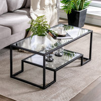 Rectangular Tempered Glass Coffee Table With Metal Frame,accent Modern Side Table With Additional Storage Shelf by Mercer41