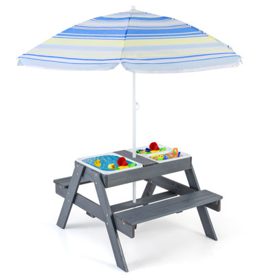 Kids 4-in-1 Sand & Water Table Wood Outdoor Activity Table & Bench Set With 3 Removable Boxes With Lids & Adjustable Umbrella by Arlmont & Co.