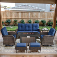 Aluel 7-Pieces Wicker Outdoor Conversation Set for 6 Person With 2 Rocking and Swivel Chairs & Fire Pit Table
