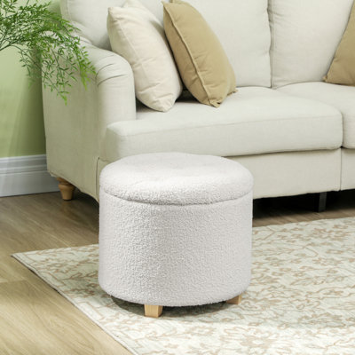 18" Round Storage Ottoman, Teddy Fleece Bedroom Stool with Removable Lid and Wood Legs, Button Tufted Footstool for Living Room, Hallway, White by Ebern Designs