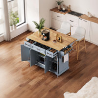 54-Inch Rubberwood Folding Side, Embossed Texture Kitchen Cart With Wheels, 4 Doors, 3 Drawers With Storage by Lark Manor