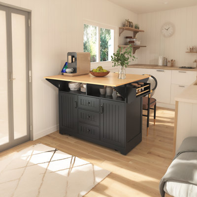 55.7" Rolling Kitchen Island with Power Outlet & Drop Leaf Breakfast Bar, Large Storage Trolley with 3 Drawers & Spice Rack by Lark Manor