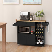 Kitchen Island Cart With Drop-leaf & Power Outlet Rolling Kitchen Cart On Wheels With Microwave Shelf Glass Holder by Winston Porter