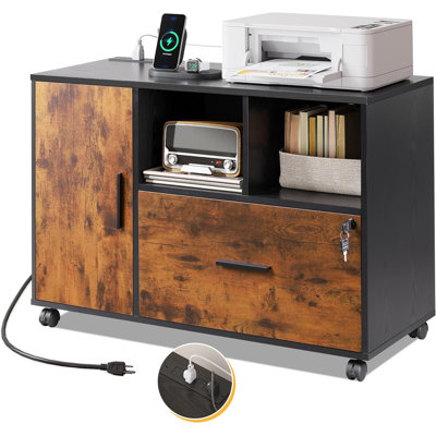 Rolling File Cabinet With Charging Station, Locking Filing Cabinet For Home Office, Wood Printer Stand by 17 Stories