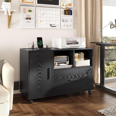 Rolling File Cabinet With Charging Station, Locking Filing Cabinet For Home Office, Wood Printer Stand by 17 Stories