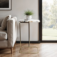 Apolaya Side Table with Agate Top and Gold Metal Base, C-Shaped End Table for Living Room, Modern Accent Table, 24" by Everly Quinn