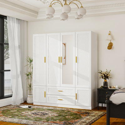 4-Door Armoire Wardrobe Closet with Mirrored Door, Solid Manufactured Wood with Drawers & Hanging Rod by Mercer41