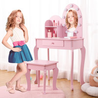 Vanity With Light, Girls Vanity Set With Mirror, Stool Drawer And Pretend Makeup Playset by Harriet Bee