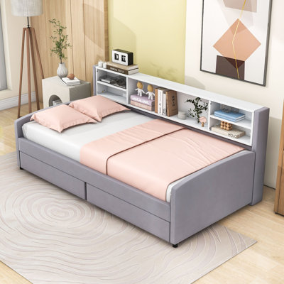 Twin Two Drawers Wood Upholstered Daybed with Storage Shelves