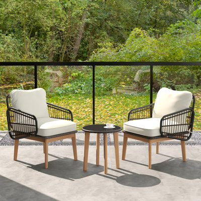 3 Piece Patio Chair Set Wicker Chair & Side Table Set w/ Soft Cushions & Tempered Glass Tabletop by Corrigan Studio
