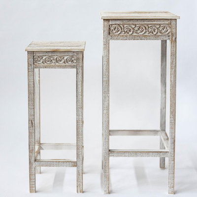 Set Of 2 Small And Large White Washed With Floral Pattern Plant Stand by Rosalind Wheeler