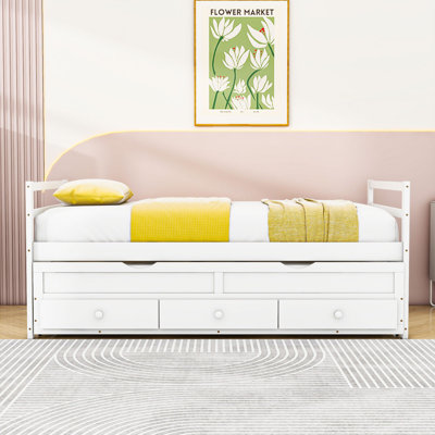 Twin Wooden Platform Bed with Trundle and 3 Drawers by Lark Manor