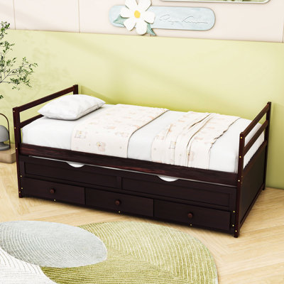 Twin Wooden Platform Bed with Trundle and 3 Drawers