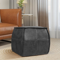 No Assembly Needed Upholstered Footrest Pouf Full-Grain Genuine Leather Round Ottoman
