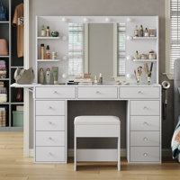 Milah Desk With Power Outlet, 11 Drawers Makeup Milah With Lighted Mirror, 3 Colors Adjustable, Glass Top Milah With Chair, 4 Shelves And Fold-Up Pane by Latitude Run