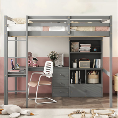 Full Size Loft Bed With Desk And Bookcase And 4 Drawers And Ladder
