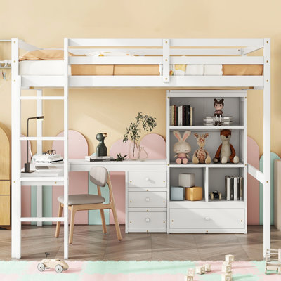 Full Size Loft Bed With Desk And Bookcase And 4 Drawers And Ladder
