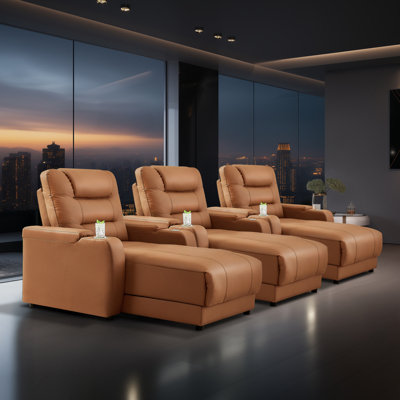 Modern Electric Power Reclining Home Theater Set: Breathable Faux Leather, Adjustable Backrests, Wireless Charging, Cup Holders (Set Of 3) by Latitude Run
