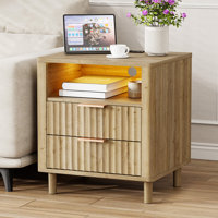 24" H Mid Century Night Stand with Charging Station, 2 - Drawer Storage Fluted Cute Bedside Table with Open Shelf, Curved Profile End Table for Bedroo by Ebern Designs
