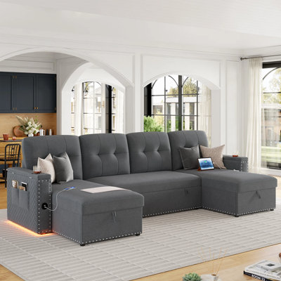U-Shaped Sleeper Sofa with Chaise, Led Light, Charging Station