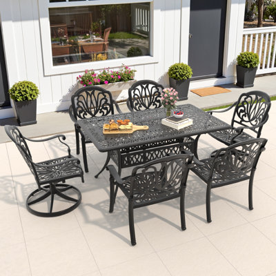 6-Person Rectangular Cast Aluminum Patio Dining Set with 2 Swivel Chairs & Cushions & Umbrella Hole