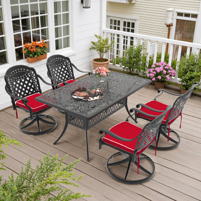 5-Piece Rectangle Cast Aluminum Outdoor Patio Dining Set with Swivel Chairs & Cushions & Umbrella Hole by Bloomsbury Market