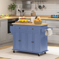 Kitchen Island on Wheels, Rolling Cart with Rubberwood Top, Spice Rack, Towel Rack and Drawers for Dining Room by Winston Porter
