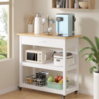 Kitchen Island Cart On Wheels, 40 Inches Width Kitchen Shelf With Power Strip, 3 Tiers Rolling Utility Cart With Solid Wood Top And Drawer by Ebern Designs