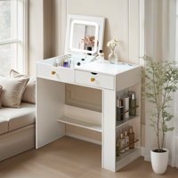 Modern Flip Top Mirror Makeup Vanity, Dressing Desk with Drawer and Lots Storage Shelves, Vanity Table With Lighted Mirror And Charging Station for Be by Ebern Designs